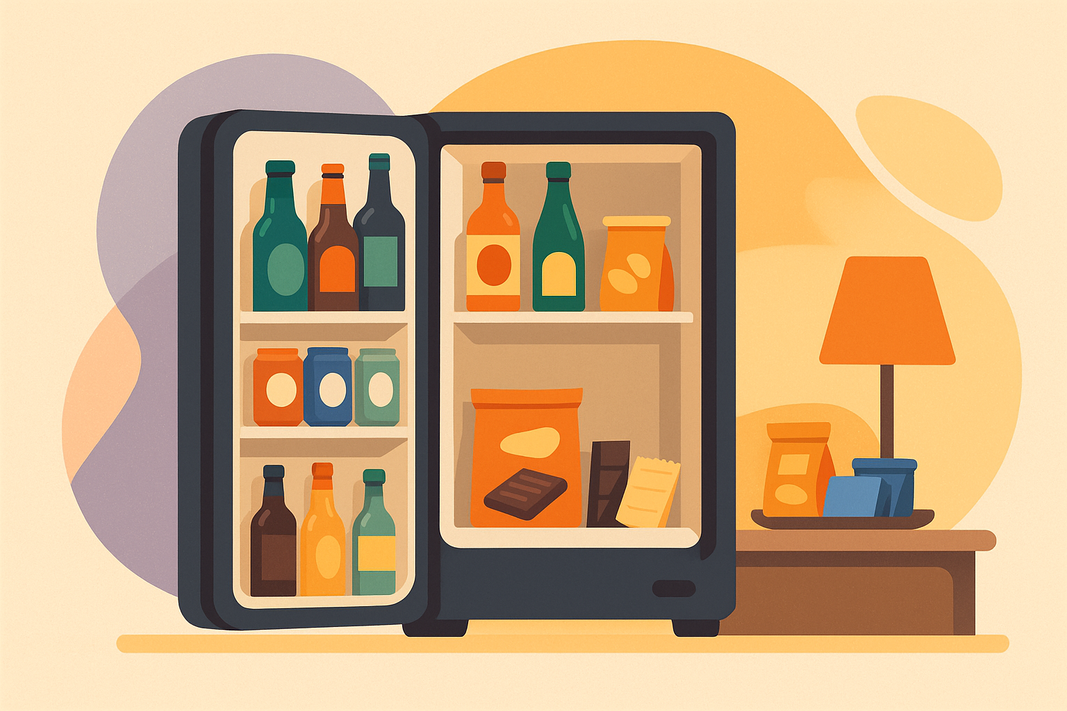 Minibar con bebidas y snacks